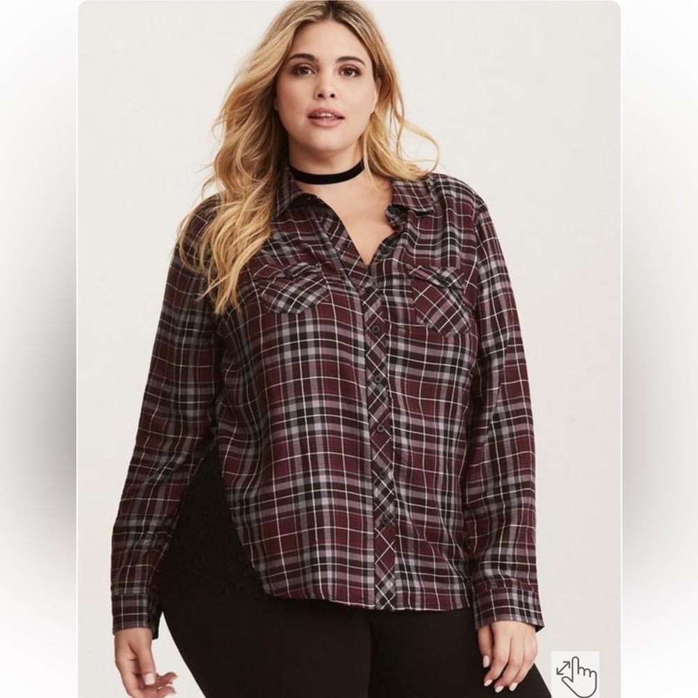 Torrid Plaid Lace Inset Camp Shirt